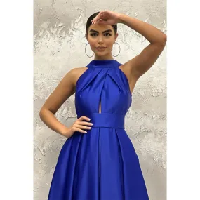 A-line Halter Royal Blue Satin Simple Long Prom Evening Dress