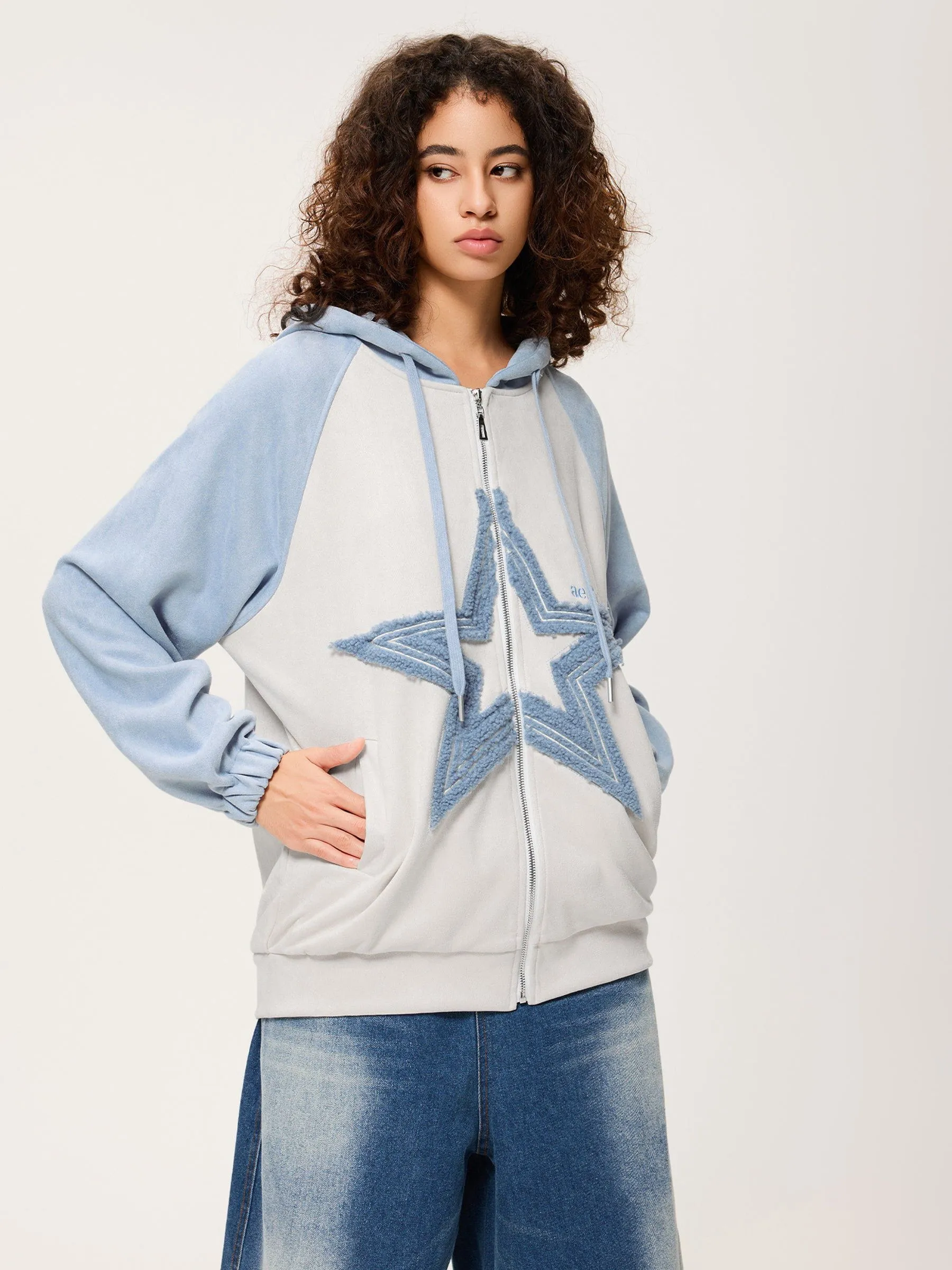 Aelfric Eden Suede Star Patchwork Zip Up Hoodie