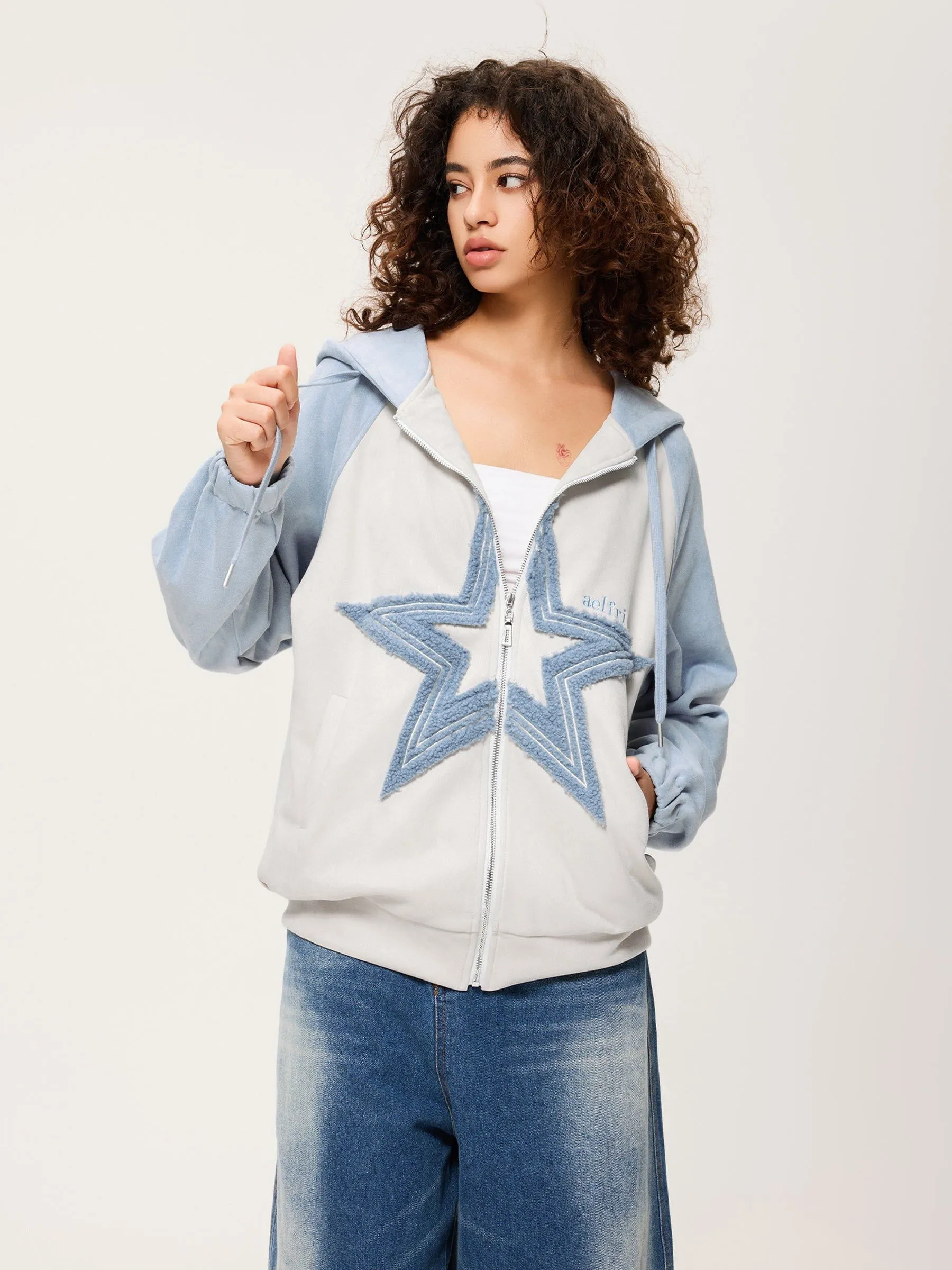 Aelfric Eden Suede Star Patchwork Zip Up Hoodie