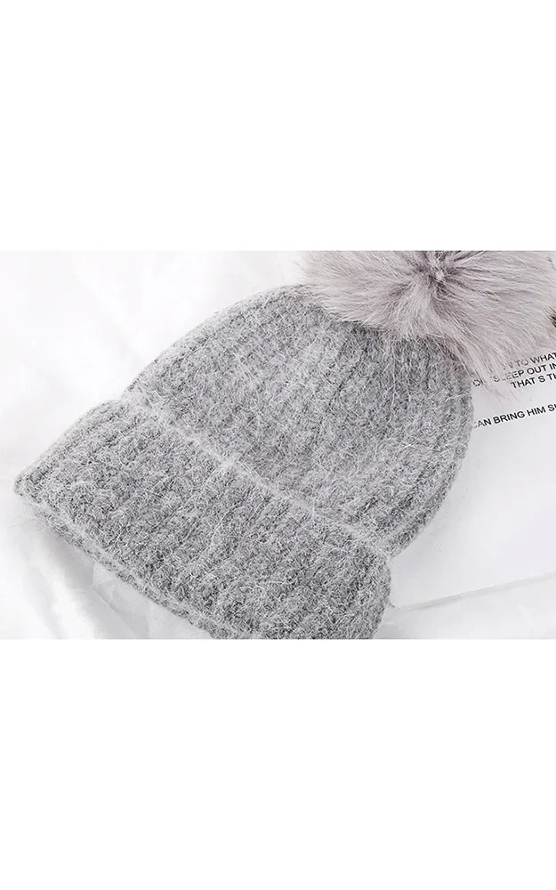 AHF3 Rich Angora Wool Real Fox Fur Pom Pom Hat