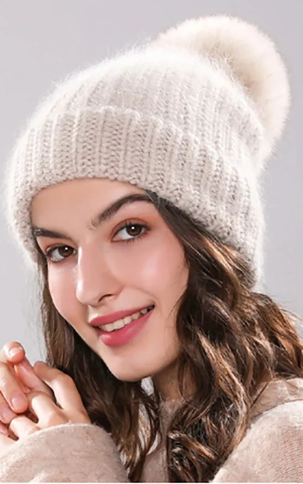 AHF3 Rich Angora Wool Real Fox Fur Pom Pom Hat