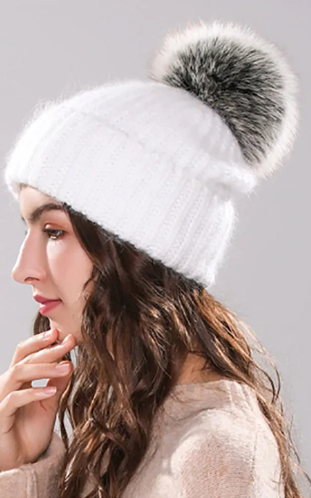 AHF3 Rich Angora Wool Real Fox Fur Pom Pom Hat