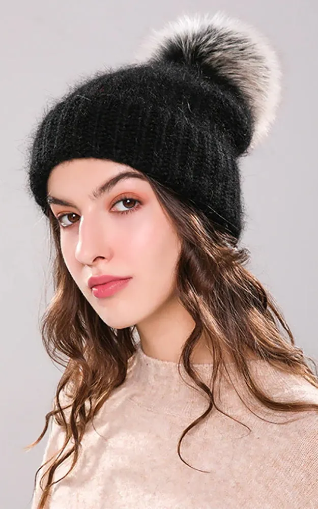 AHF3 Rich Angora Wool Real Fox Fur Pom Pom Hat