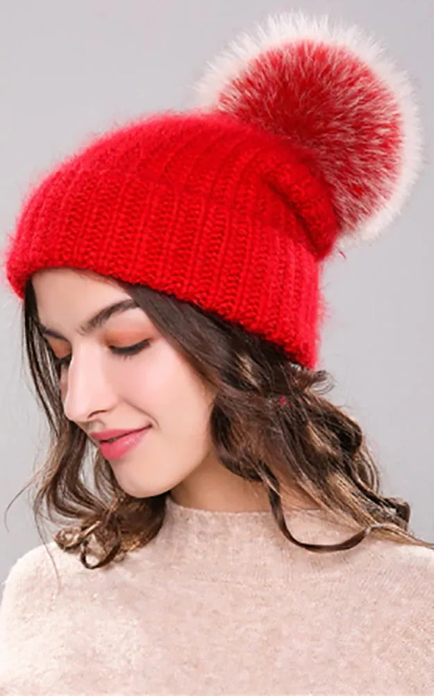 AHF3 Rich Angora Wool Real Fox Fur Pom Pom Hat