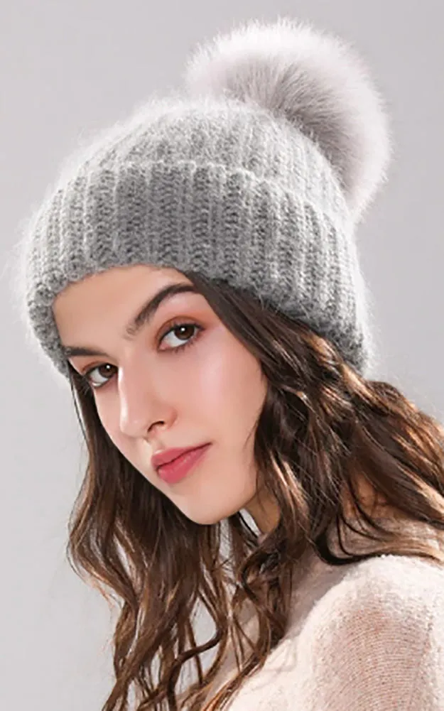 AHF3 Rich Angora Wool Real Fox Fur Pom Pom Hat