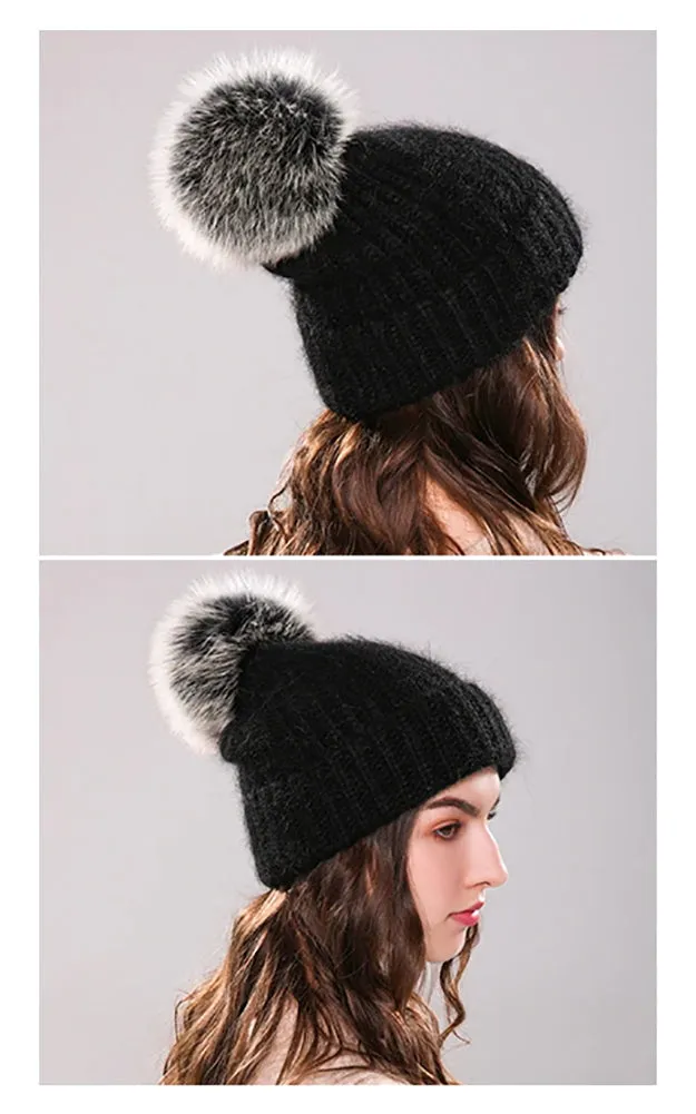 AHF3 Rich Angora Wool Real Fox Fur Pom Pom Hat