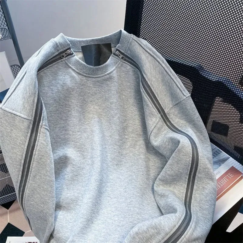 Aidase Grey Double Zipper Design Sweatshirt for Men in Autumn and Winter. Heavy Weight Firm Oversized Pullover Cleanfit Jacket