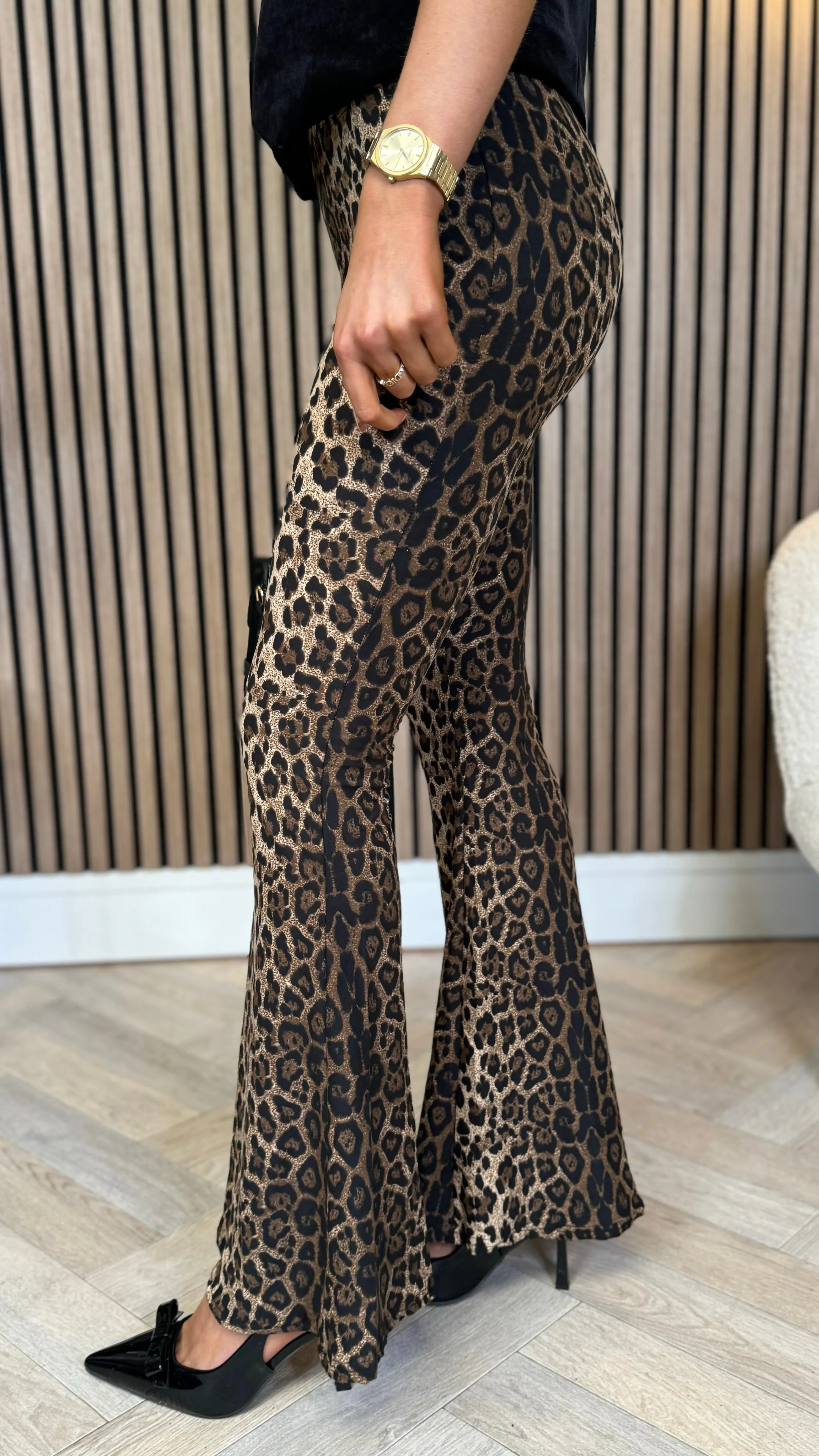 Alora Beige & Black Leopard Print Flared Leggings