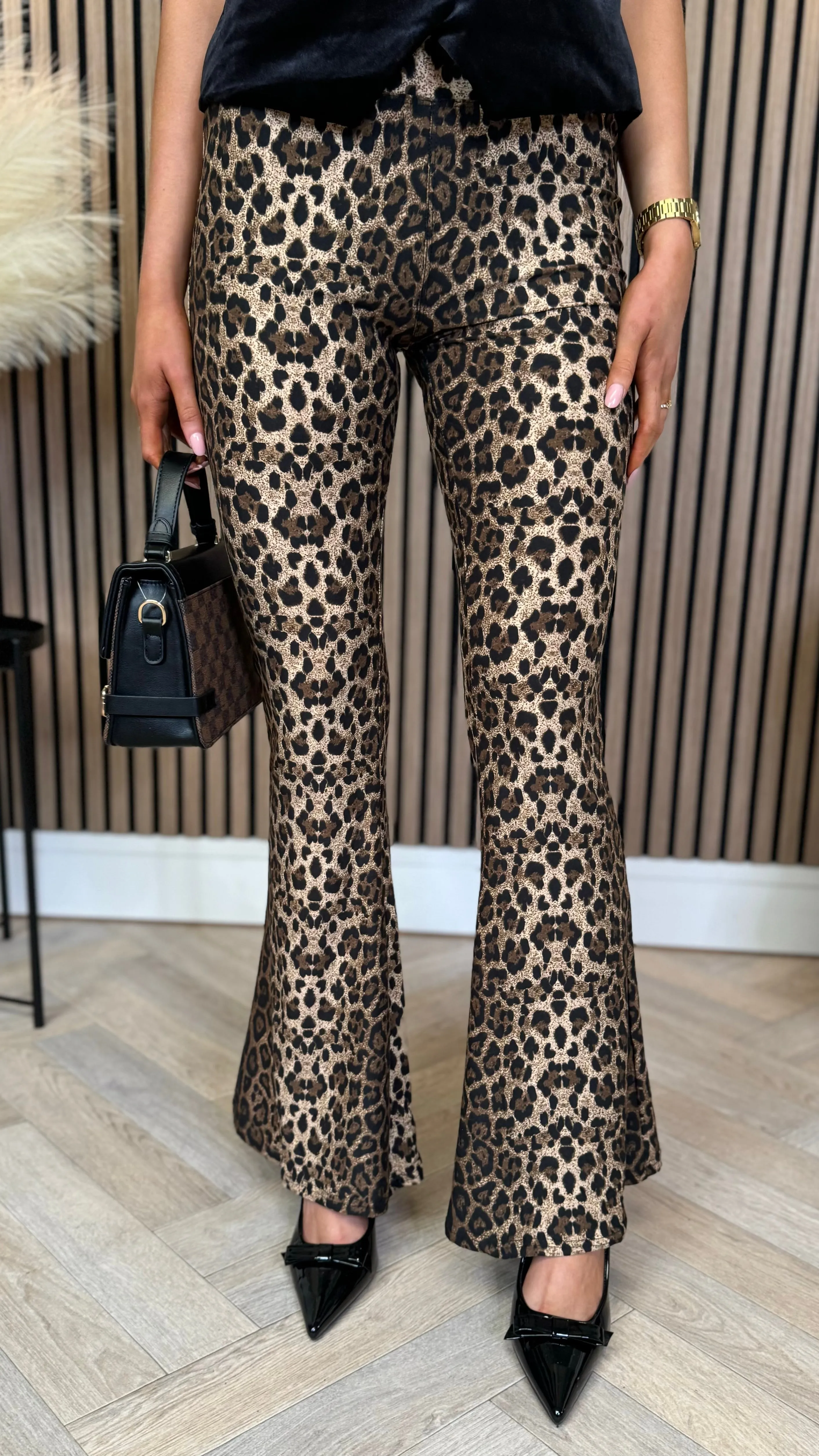 Alora Beige & Black Leopard Print Flared Leggings