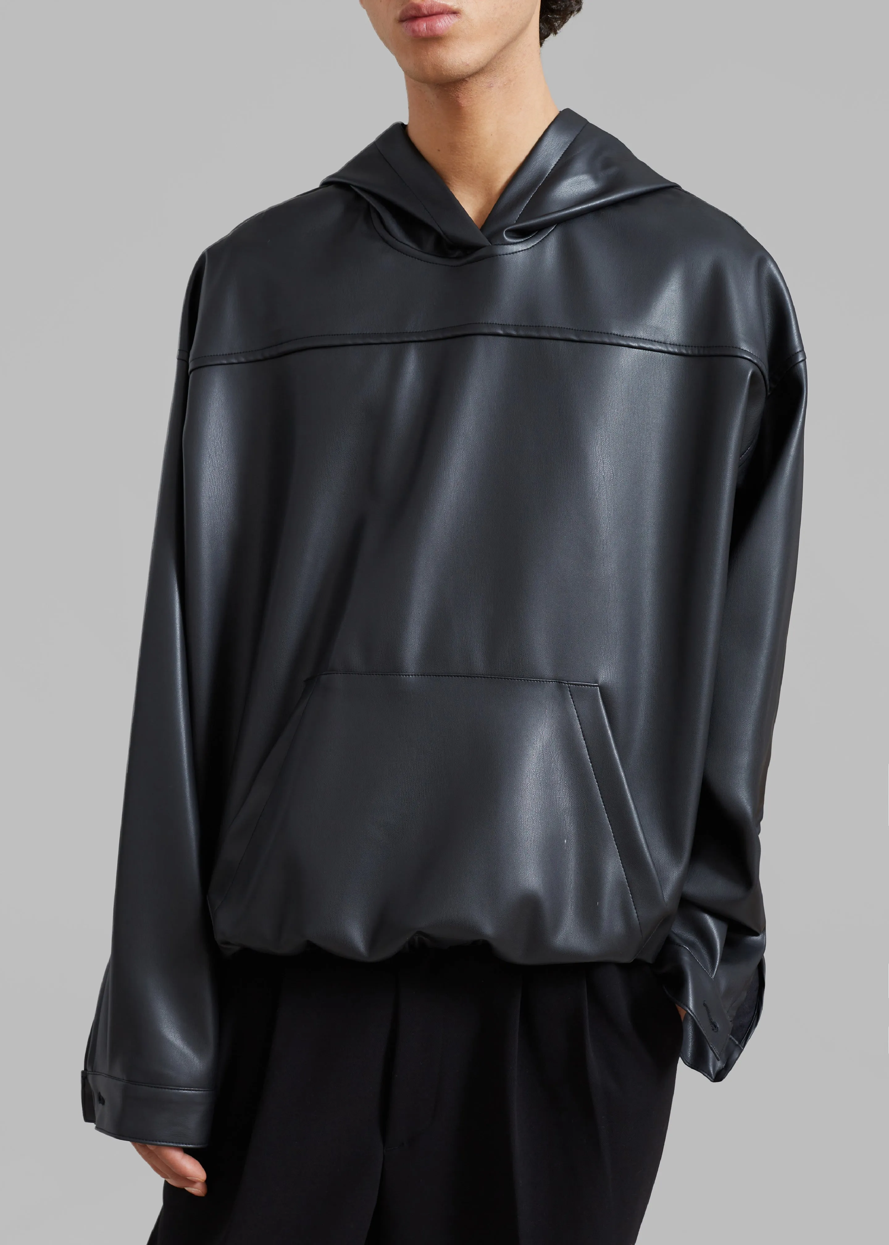 Aston Faux Leather Hooded Pullover - Black