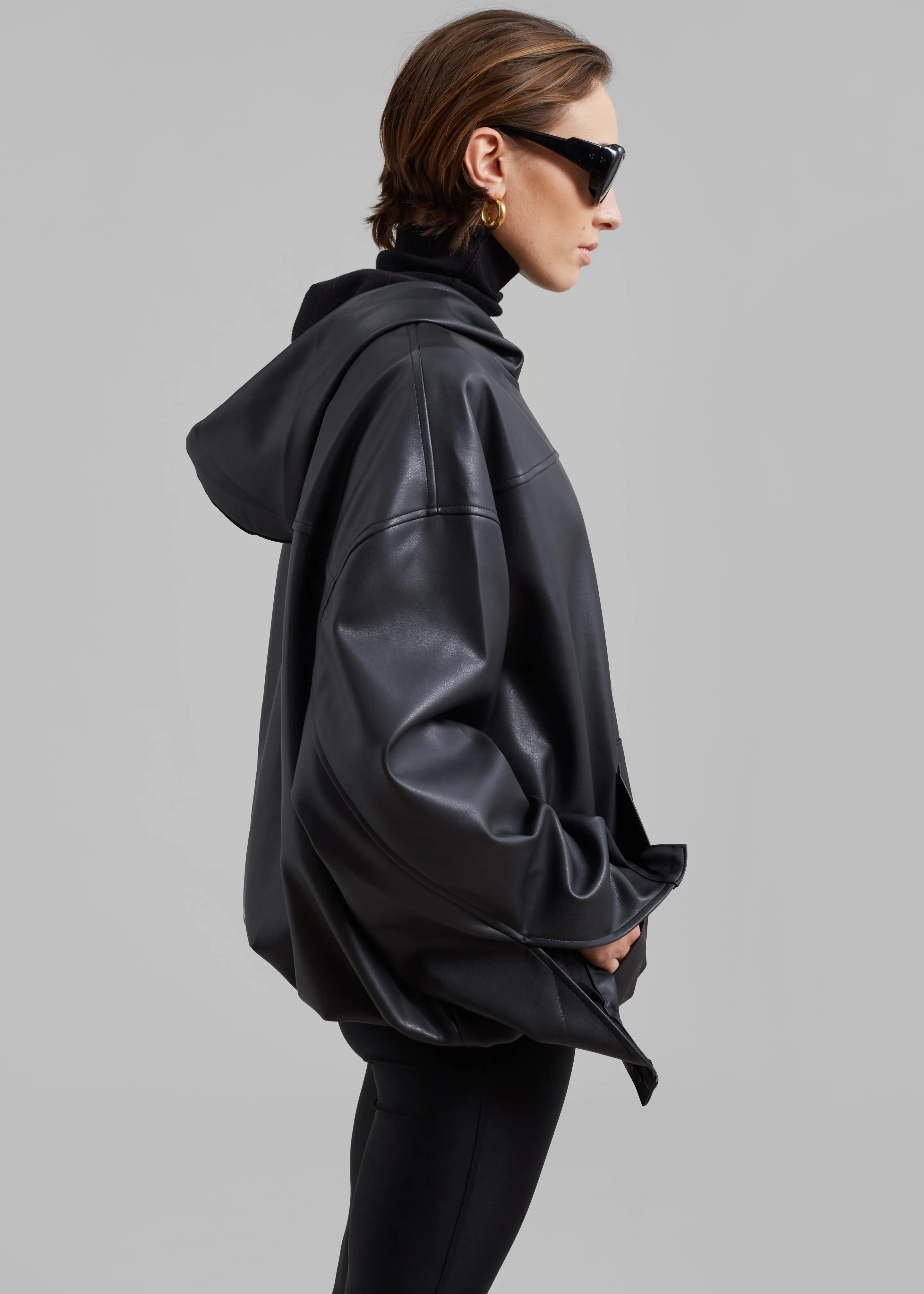 Aston Faux Leather Hooded Pullover - Black