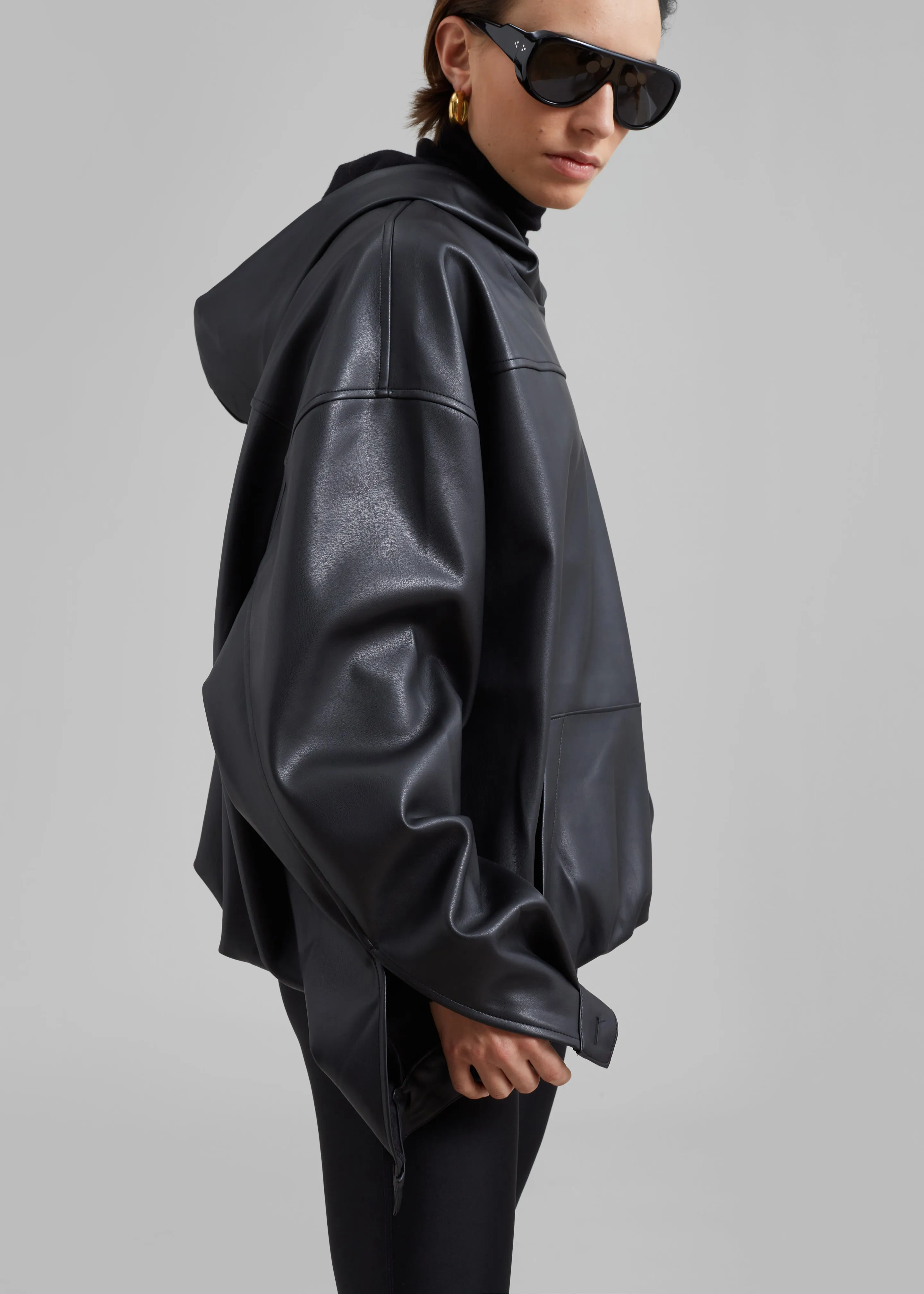 Aston Faux Leather Hooded Pullover - Black