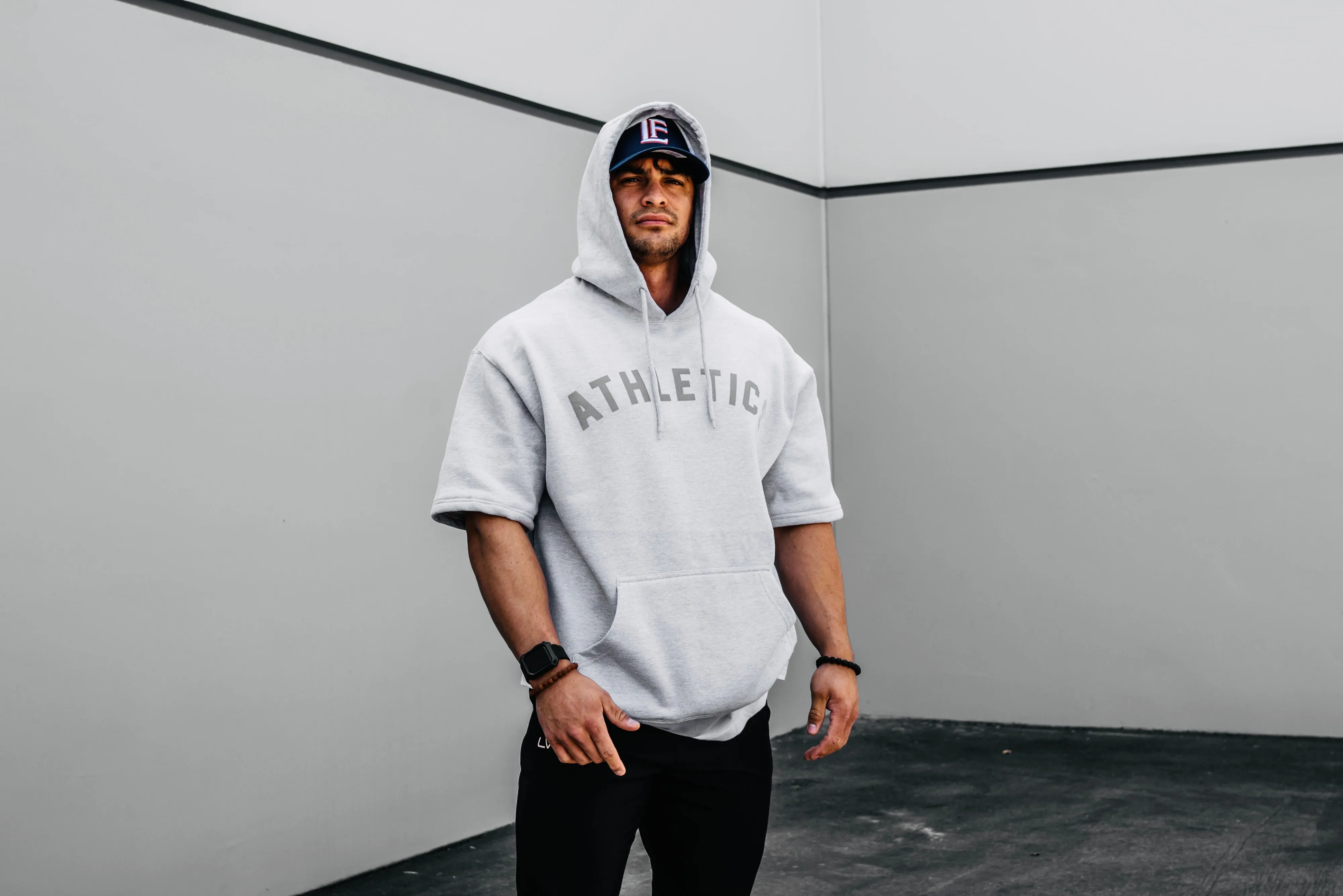 Athletics Short Sleeve Hoodie-Grey