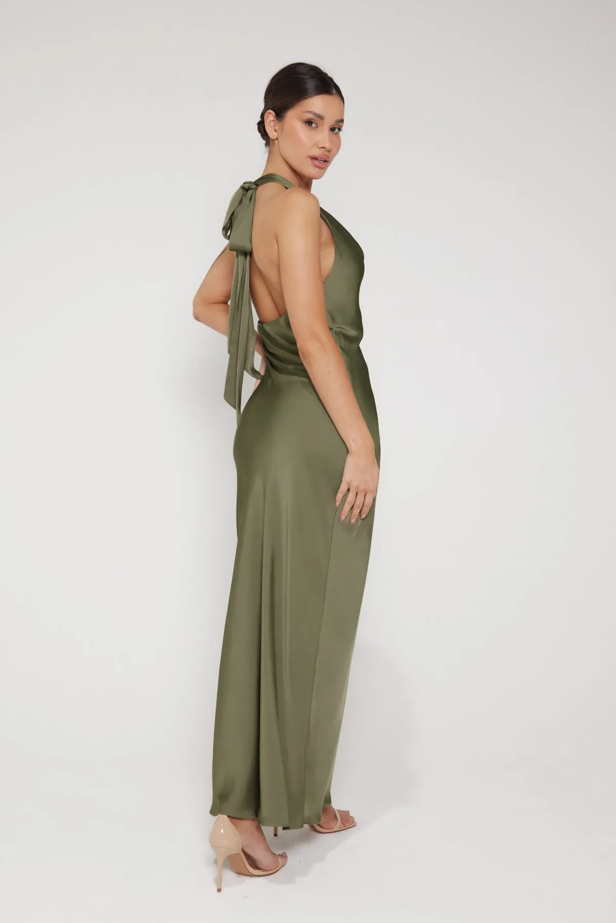 Aurora Cowl Halter Neck Slip Dress - Olive