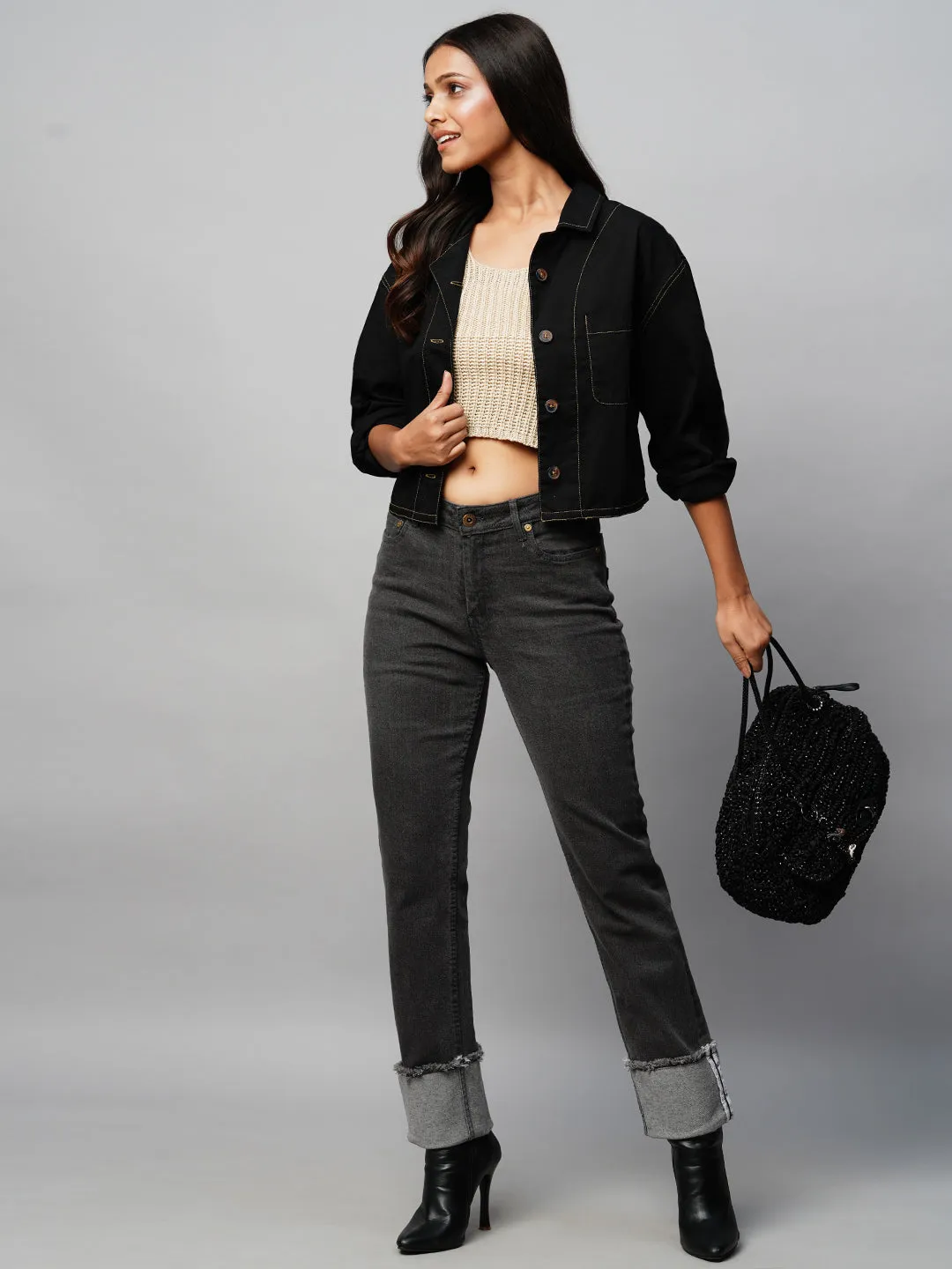 Black Denim Mid Rise Straight Leg Jeans W/ Turn Up Cuffs