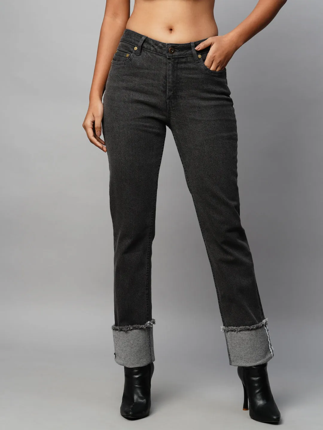 Black Denim Mid Rise Straight Leg Jeans W/ Turn Up Cuffs