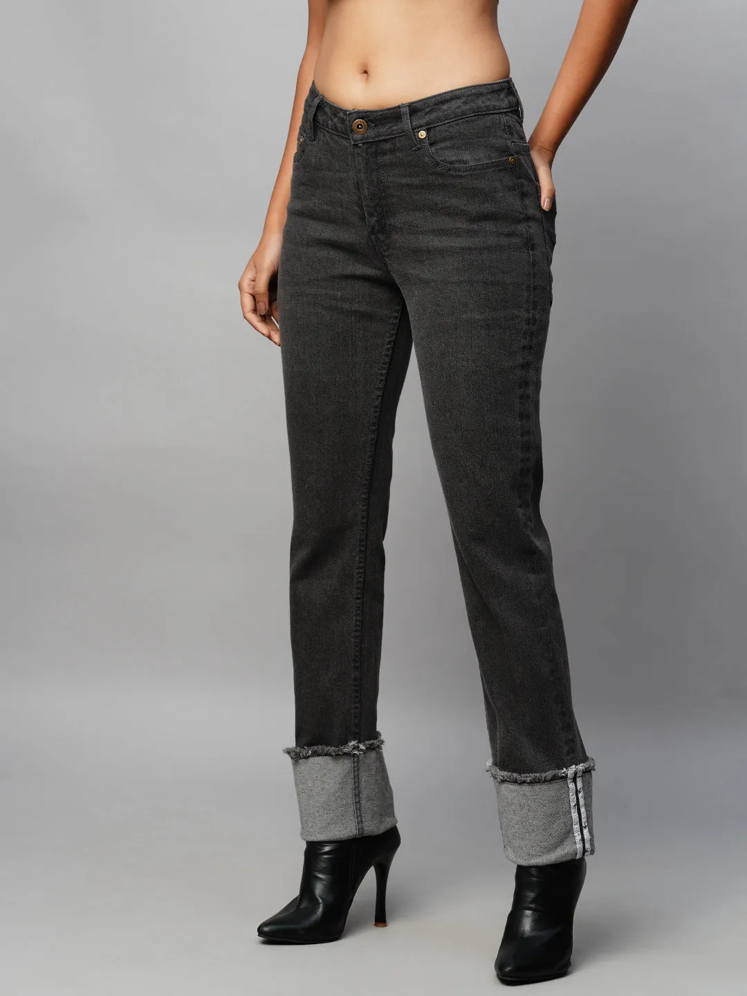 Black Denim Mid Rise Straight Leg Jeans W/ Turn Up Cuffs