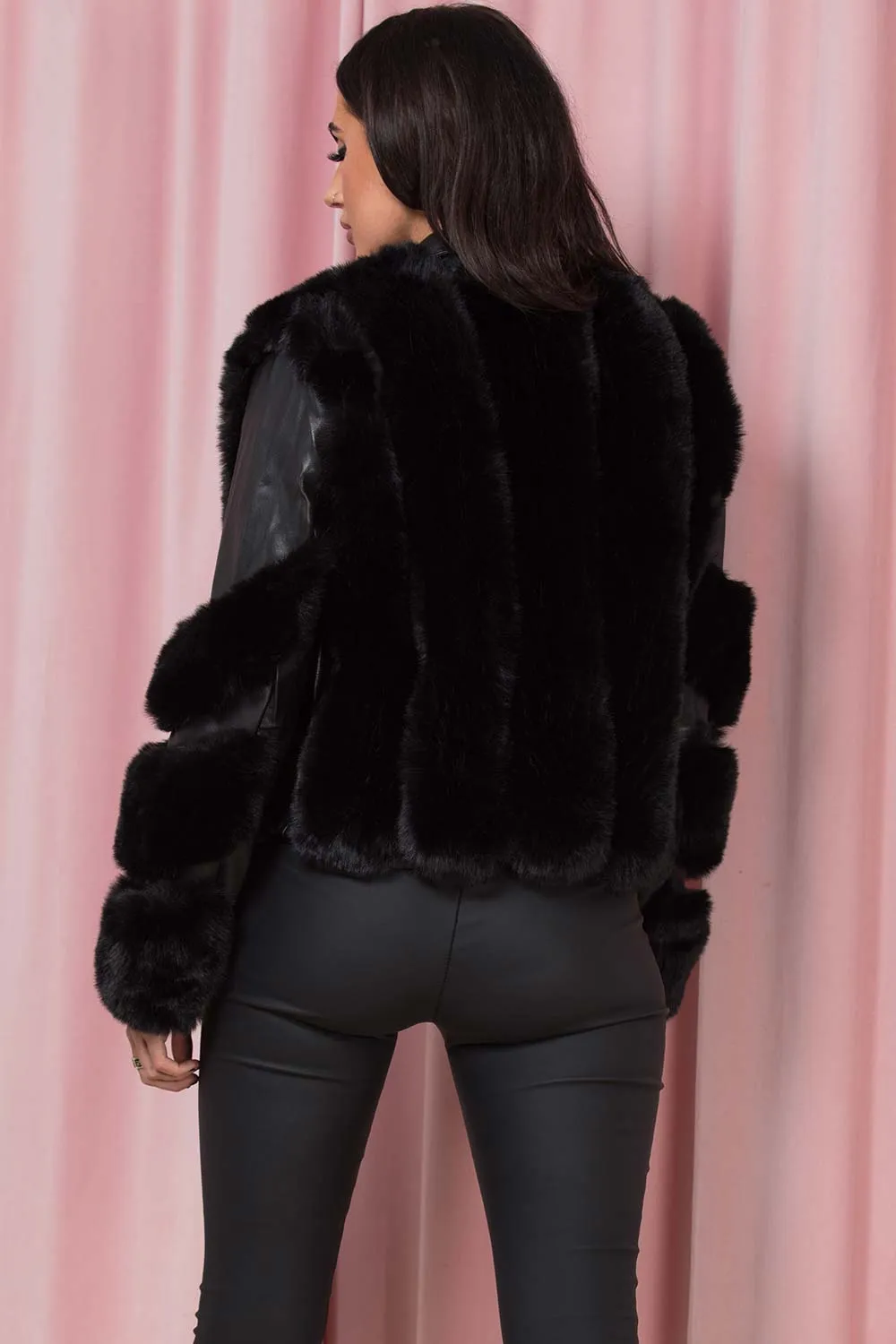 Black Faux Leather Aviator Jacket With Faux Fur