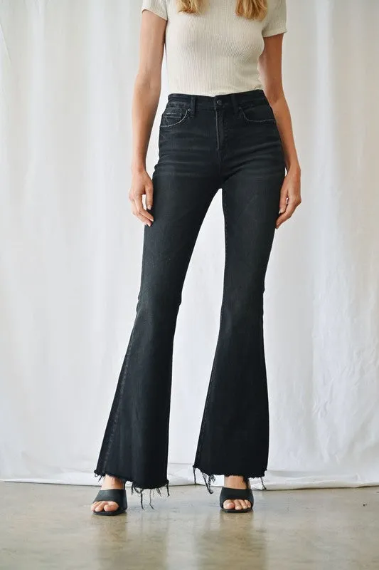 BLACK MID RISE FLARE DENIM JEANS - MICA