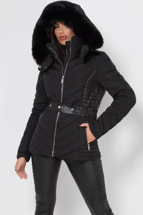 Black Puffer Quilted Jacket With Faux Fur Hood And Belt