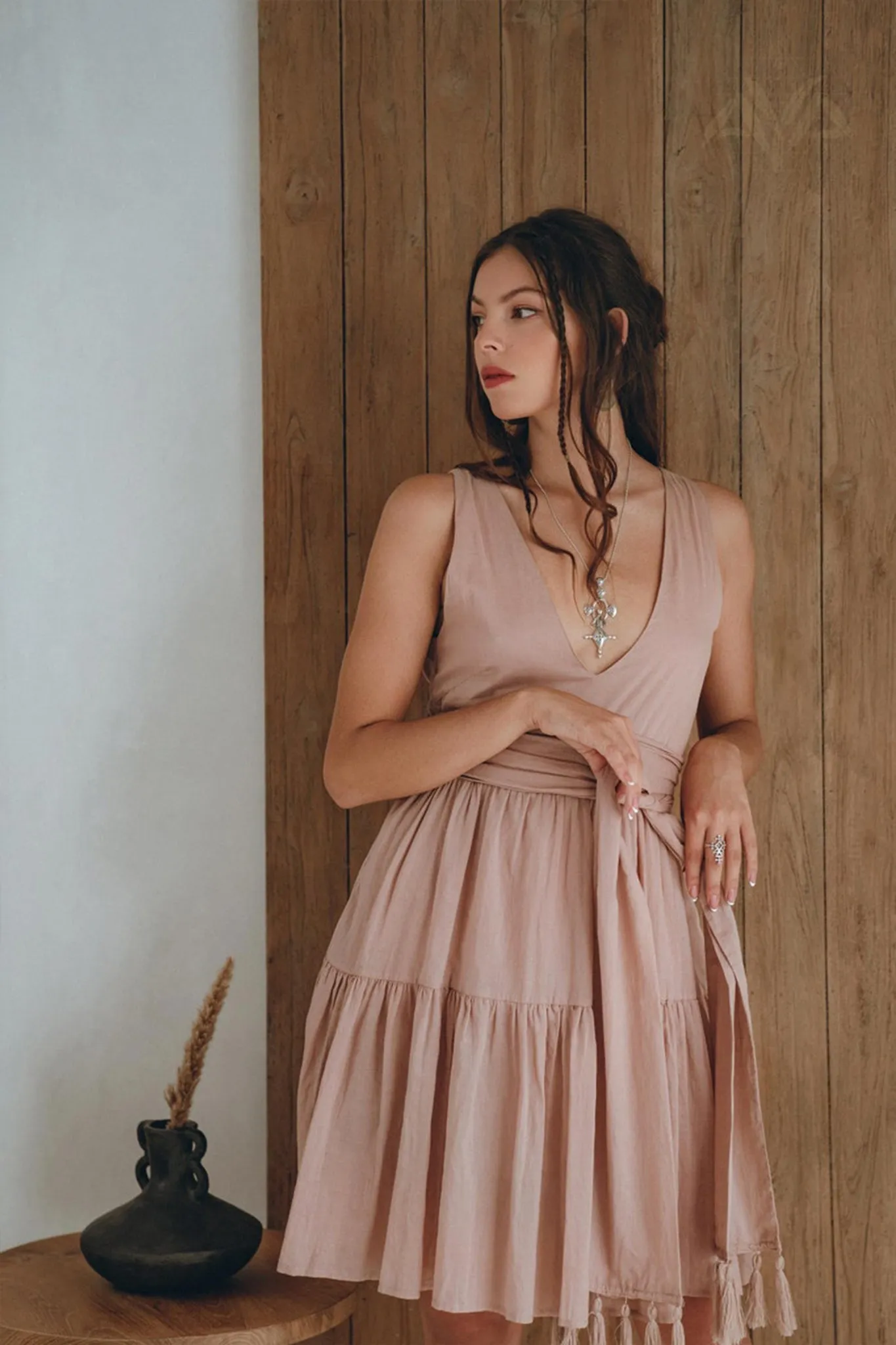 Boho Mini Bridesmaid Dress • Dusty Pink A Line Mini Belted Dress