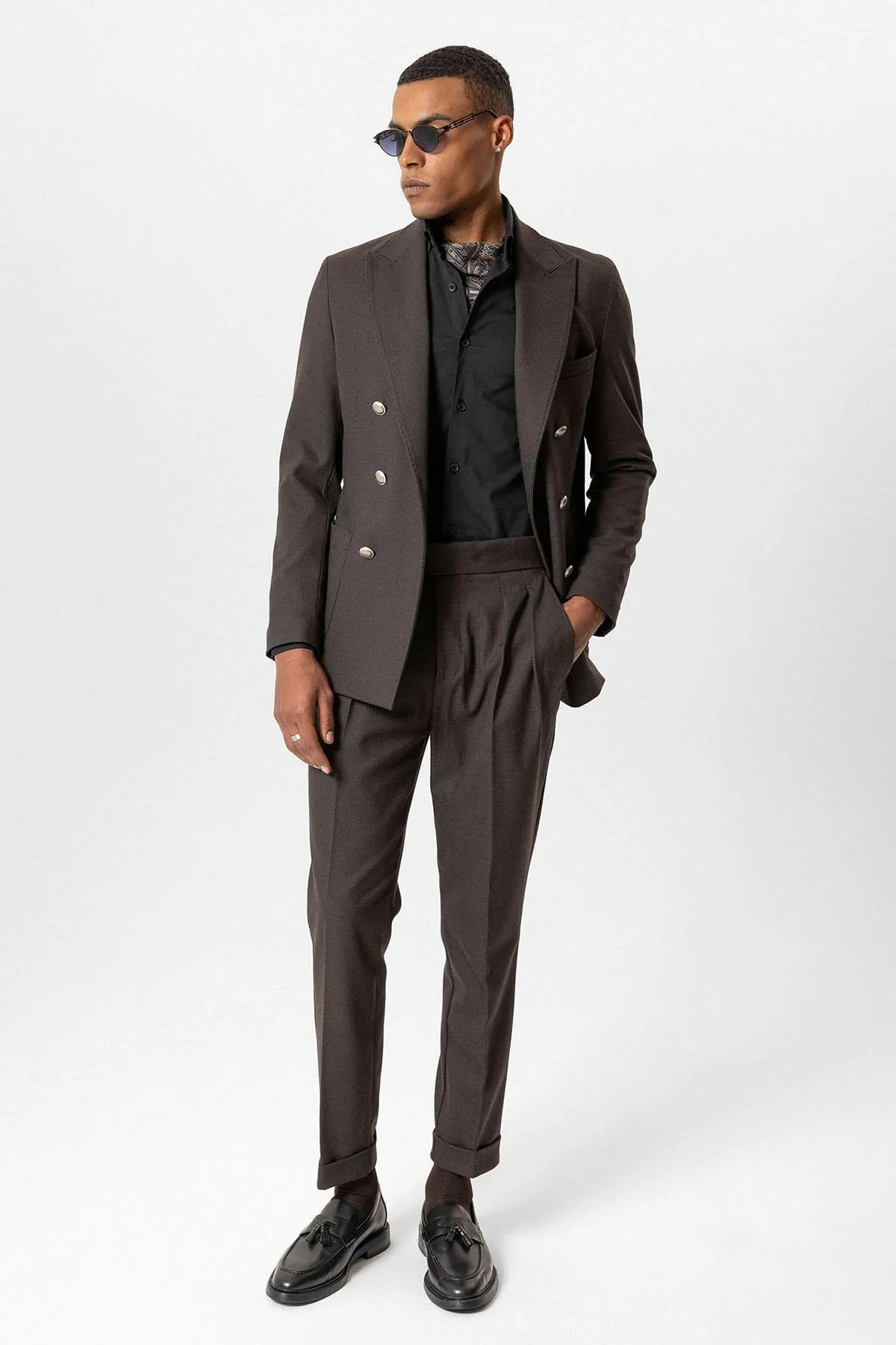 Brown Unlined Double-Breasted Men's Blazer Jacket - Wessi