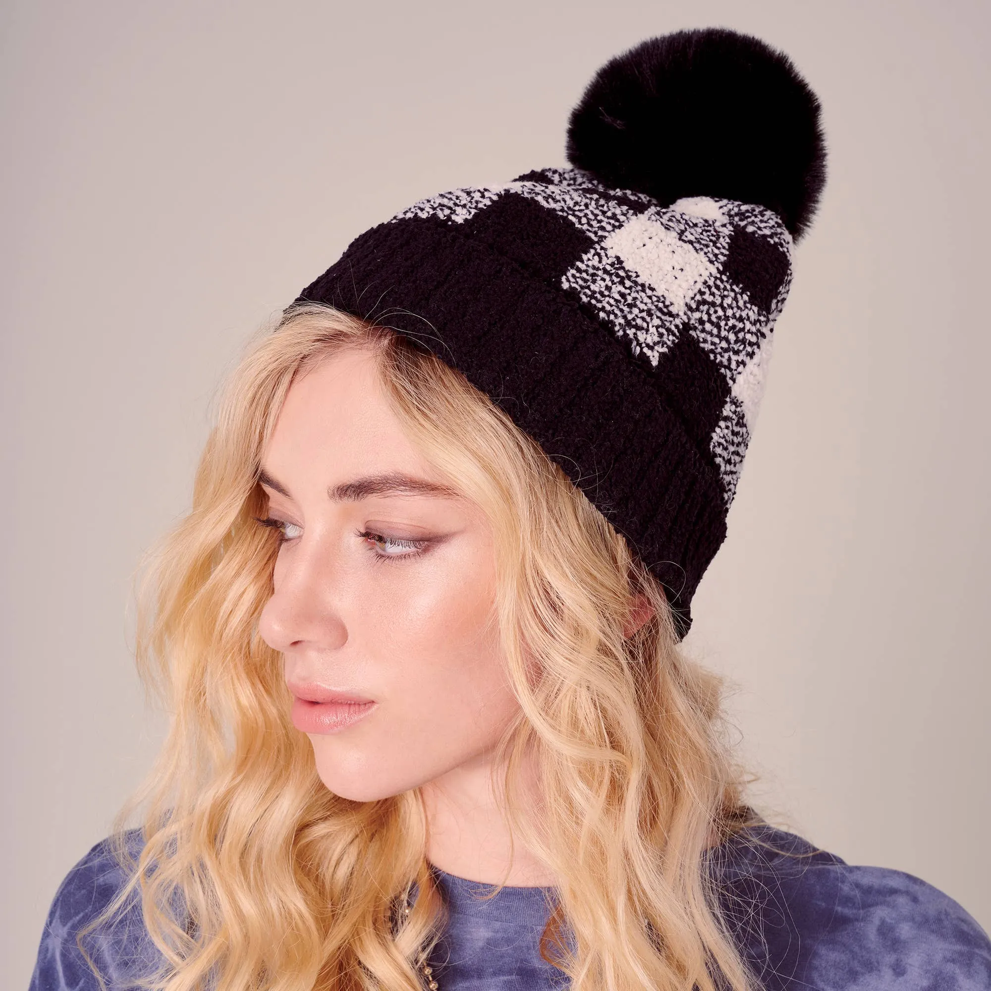 Buffalo Check Pattern Knit Pom Pom Beanie