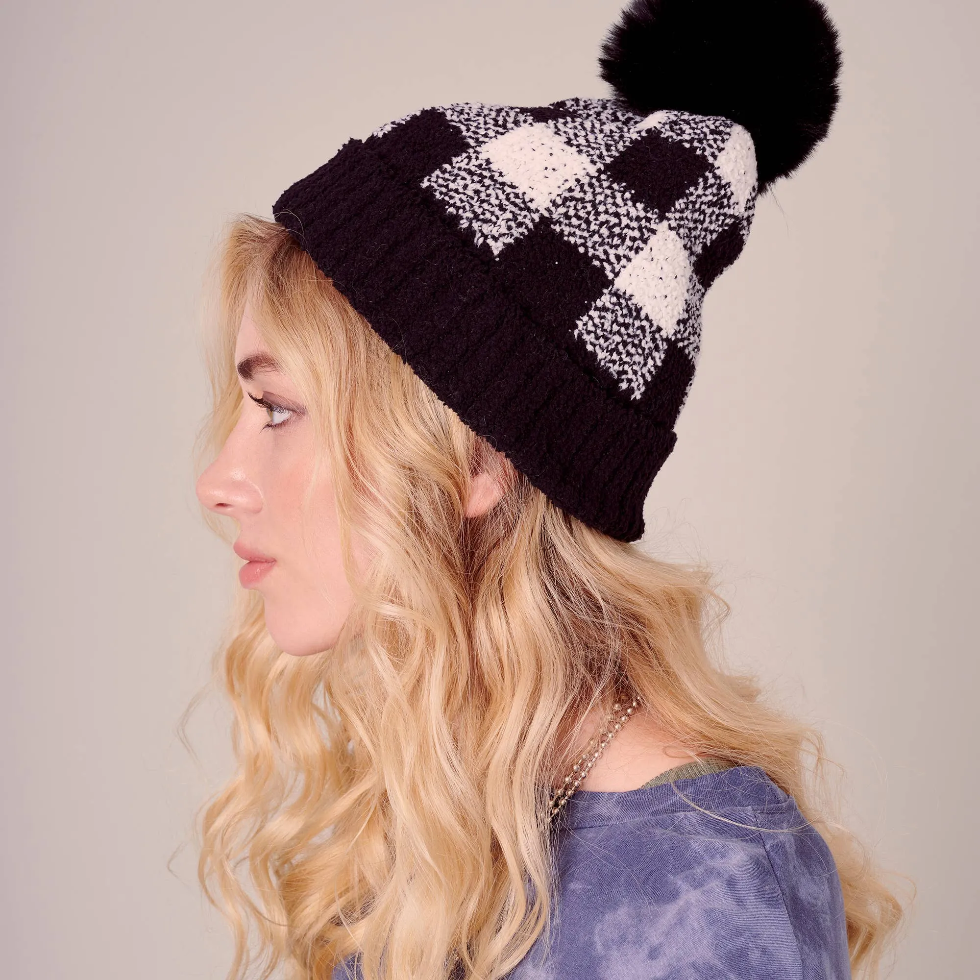 Buffalo Check Pattern Knit Pom Pom Beanie