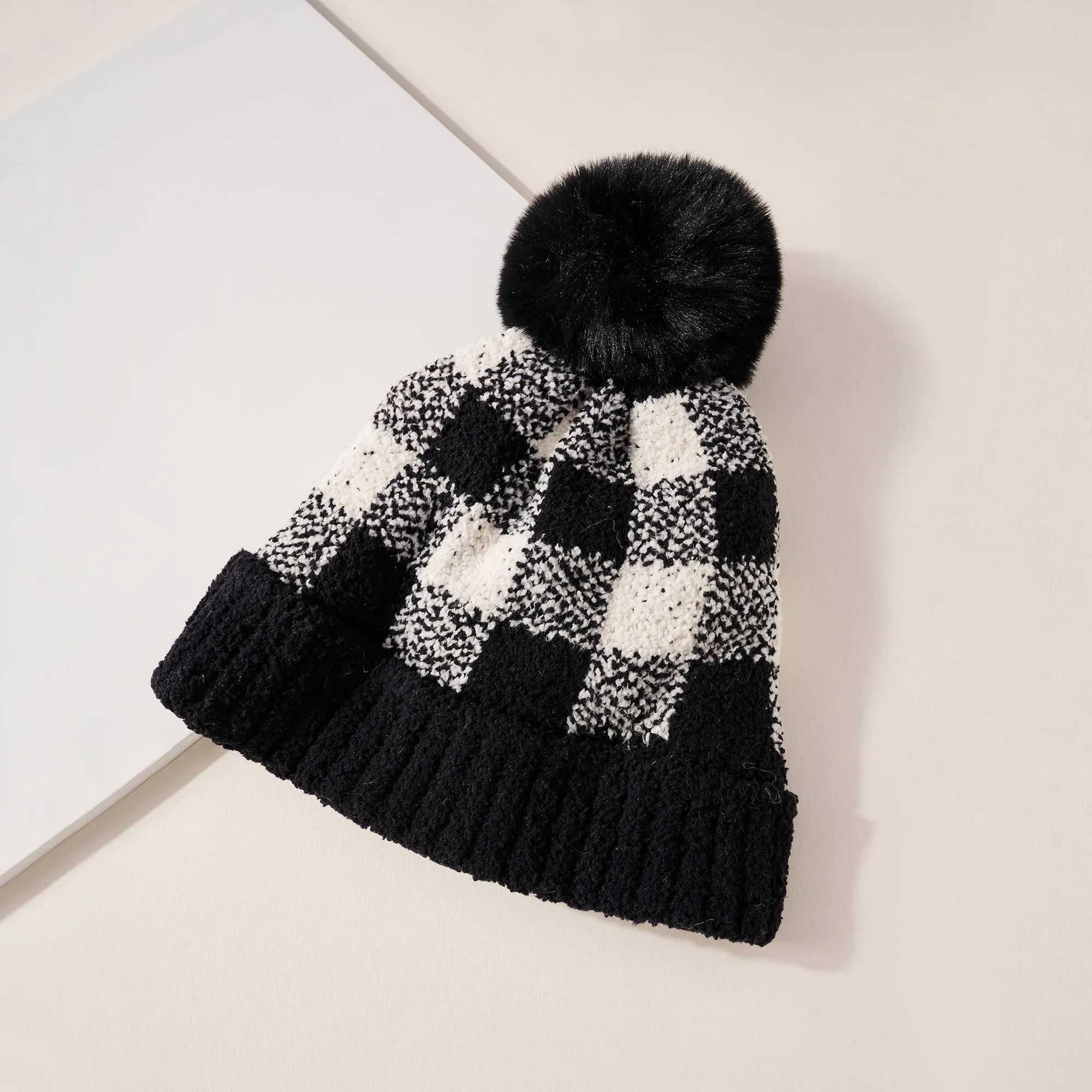 Buffalo Check Pattern Knit Pom Pom Beanie