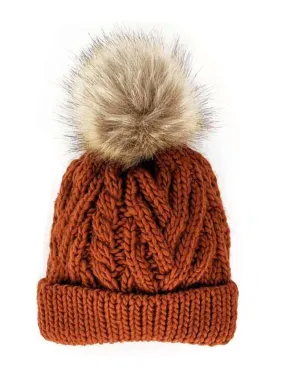 Cable Knit Fur Pom Hat, Chili