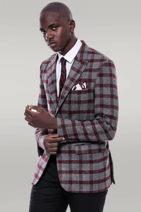 Checked Peak Lapel Slim-Fit Burgundy Men Blazer - Wessi