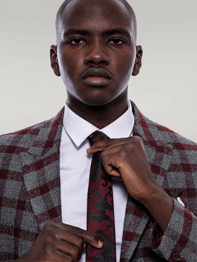 Checked Peak Lapel Slim-Fit Burgundy Men Blazer - Wessi