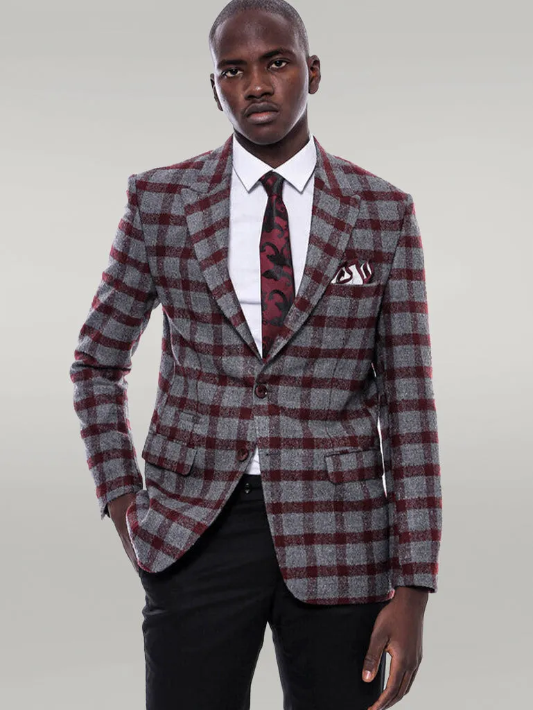 Checked Peak Lapel Slim-Fit Burgundy Men Blazer - Wessi