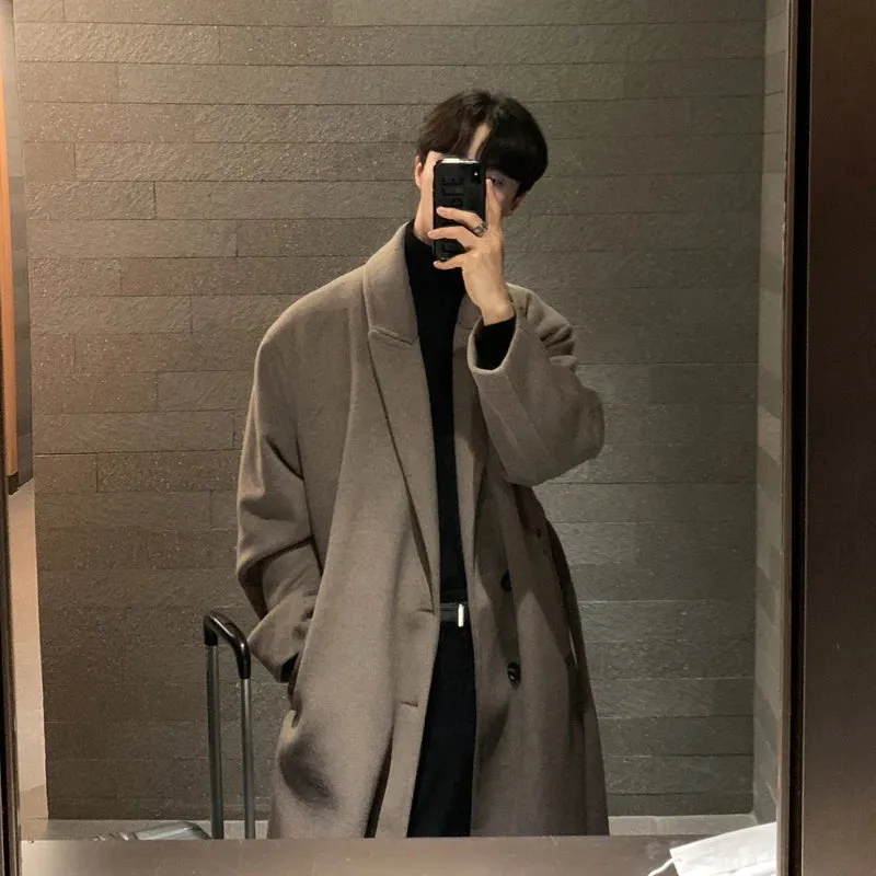 Chicmy-Winter Men Thick Woolen Dust Coats Korean Style Streetwear Male Loose Solid Color Warm Trenchcoat High Quality Men's Windbreak