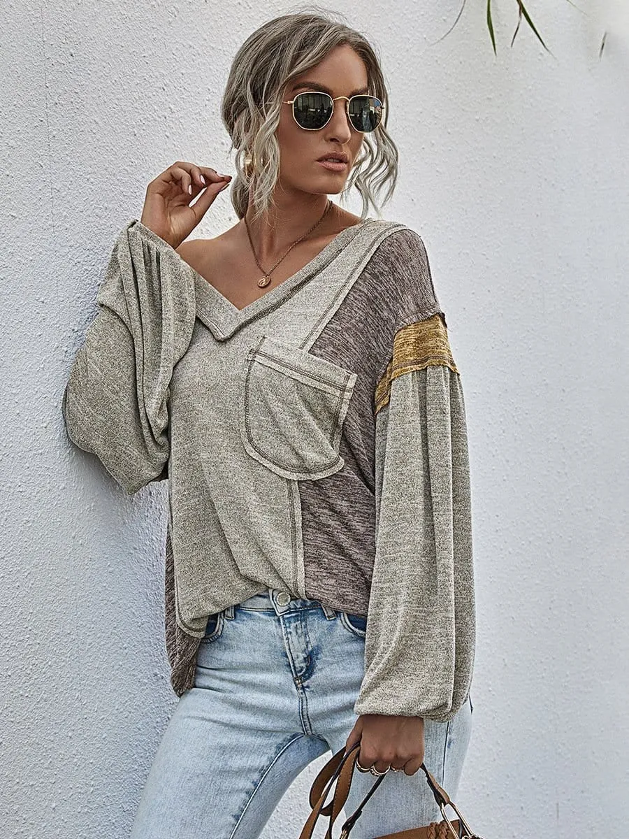 Color Blocked Cozy V-Neck Pullover