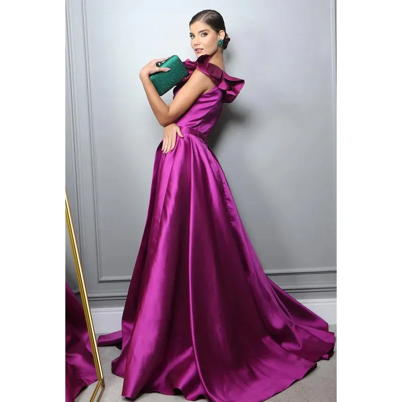 Couture & Ornate A-Line One Shoudler Sleeveless Side Slit Ruffles Formal Prom Dress