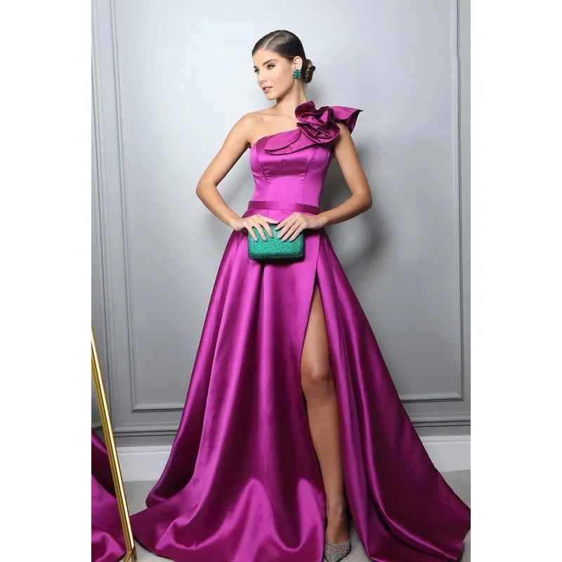 Couture & Ornate A-Line One Shoudler Sleeveless Side Slit Ruffles Formal Prom Dress