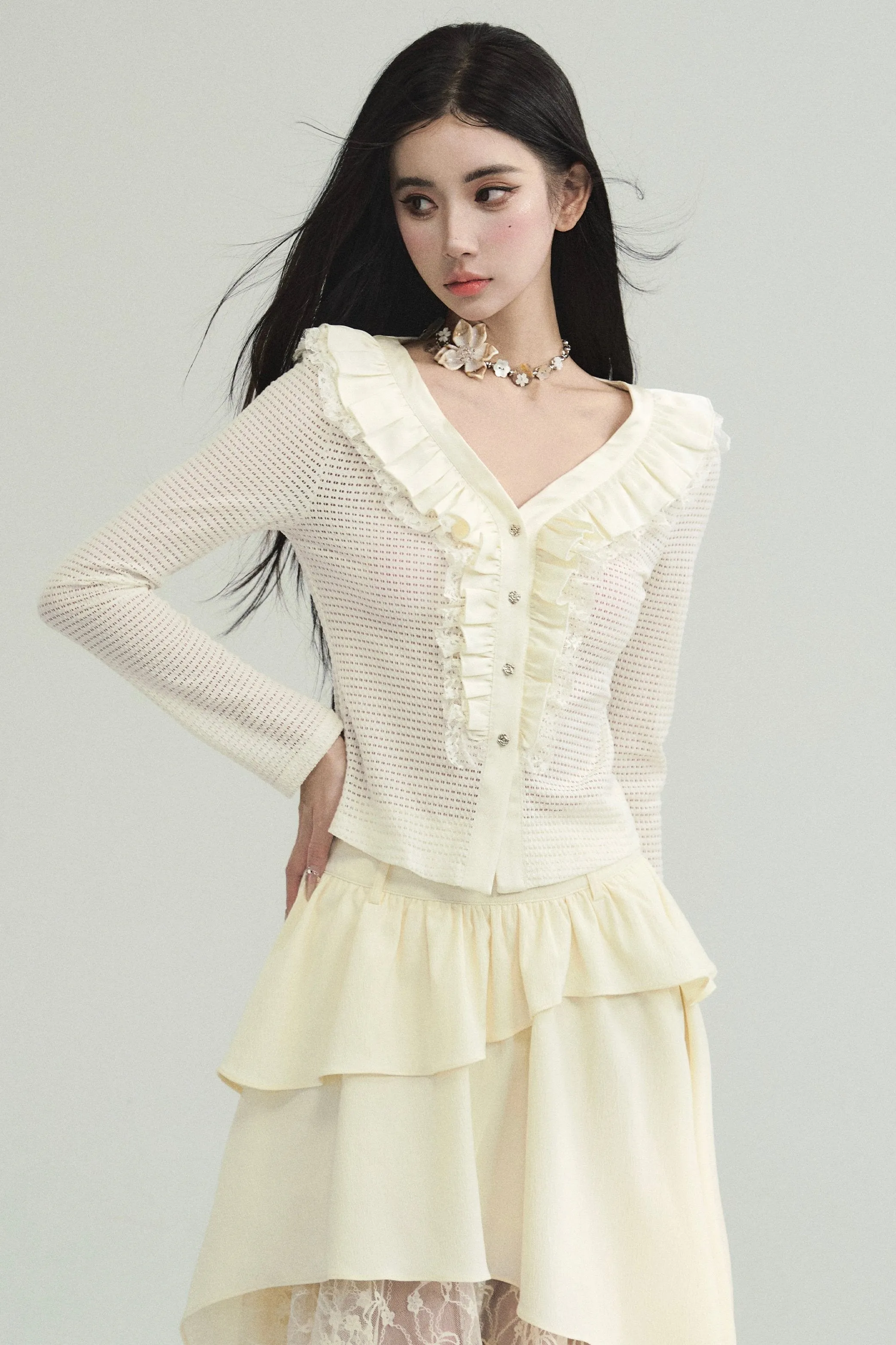 Cream Ruffled Collar Long Sleeve Cardigan