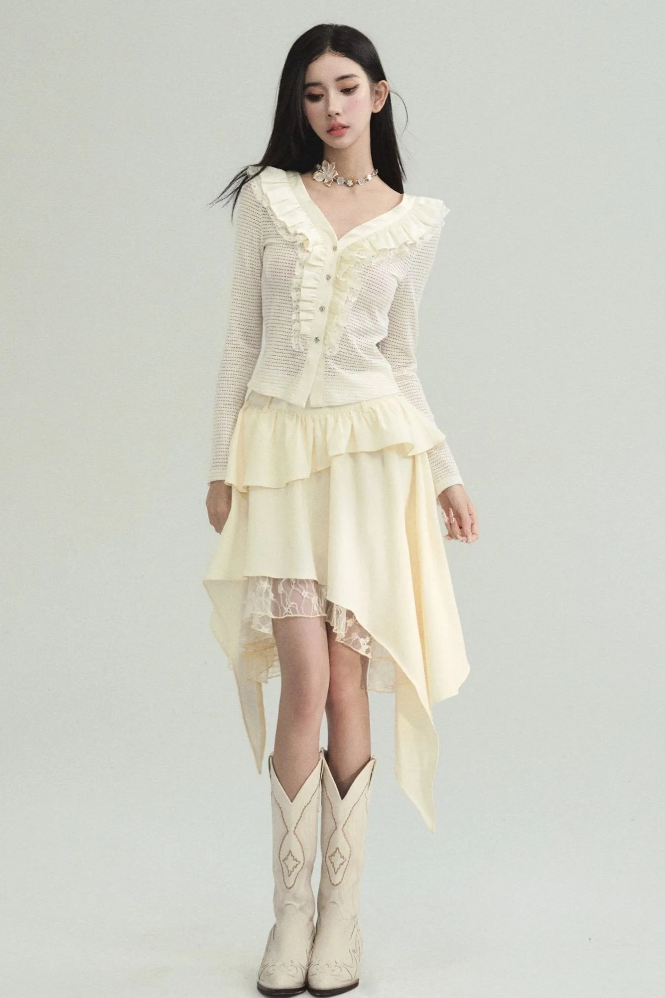 Cream Ruffled Collar Long Sleeve Cardigan