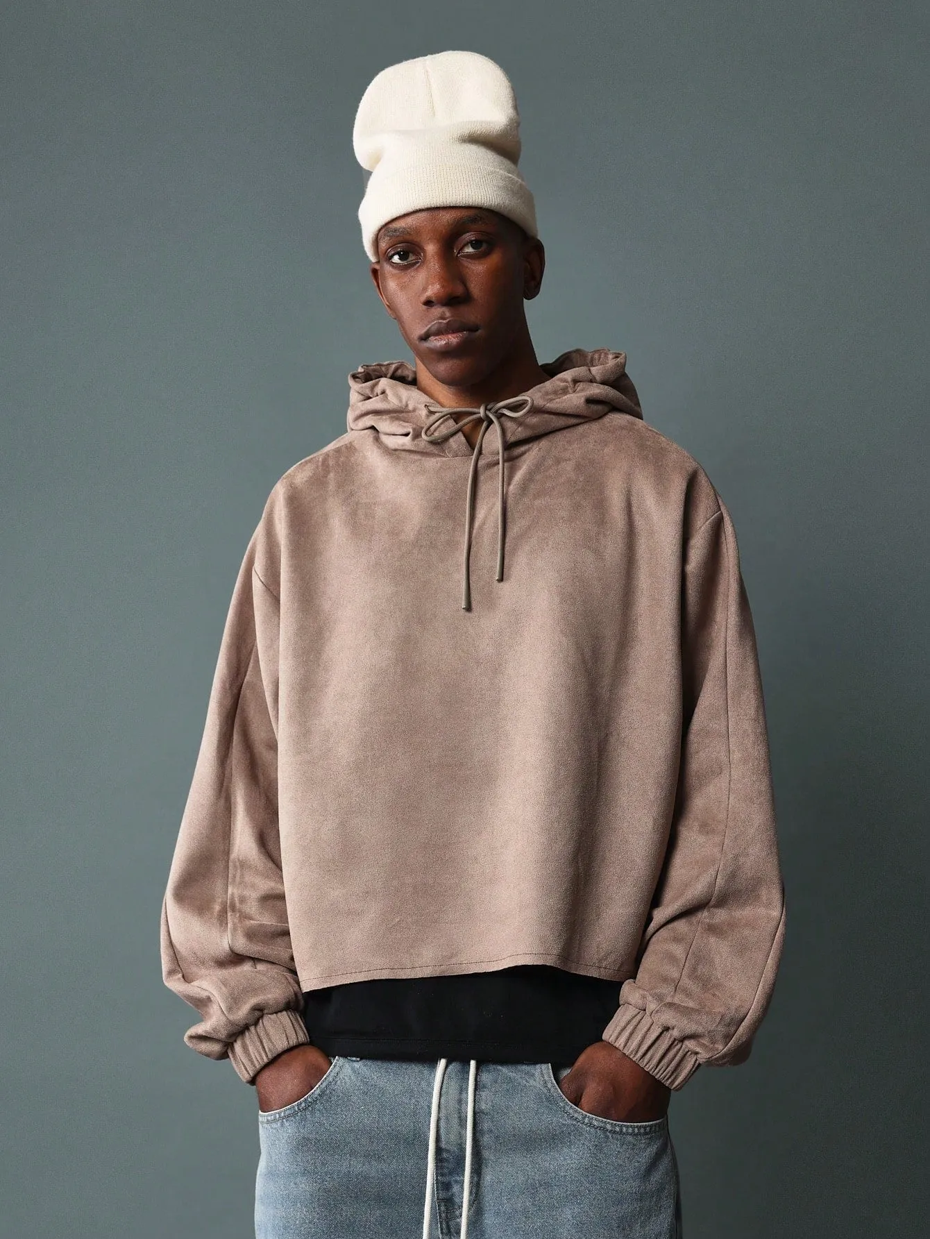 Crop Fit Suede Overhead Hoodie With Embroidery Pattern & Hood Drawstrings