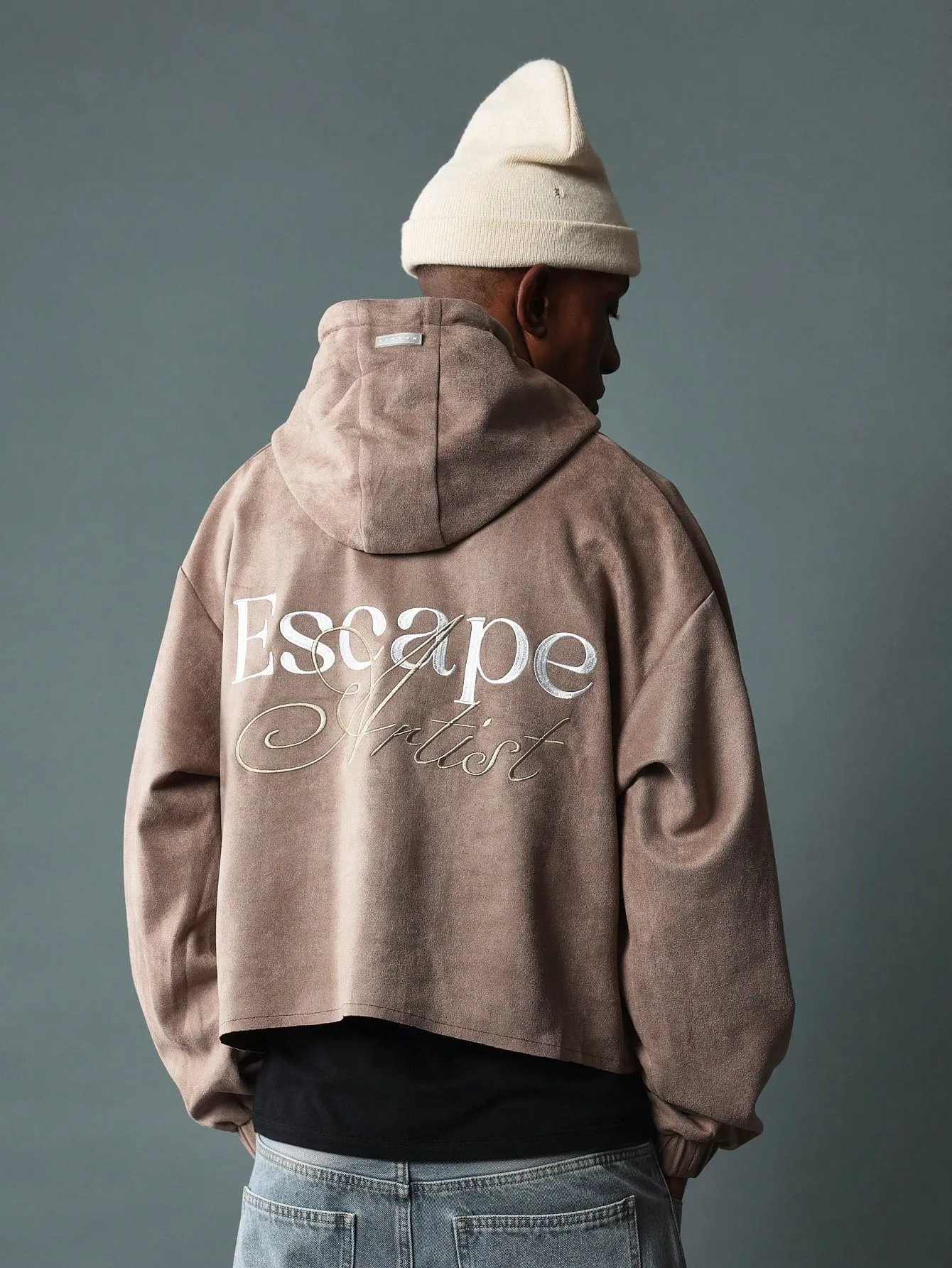 Crop Fit Suede Overhead Hoodie With Embroidery Pattern & Hood Drawstrings