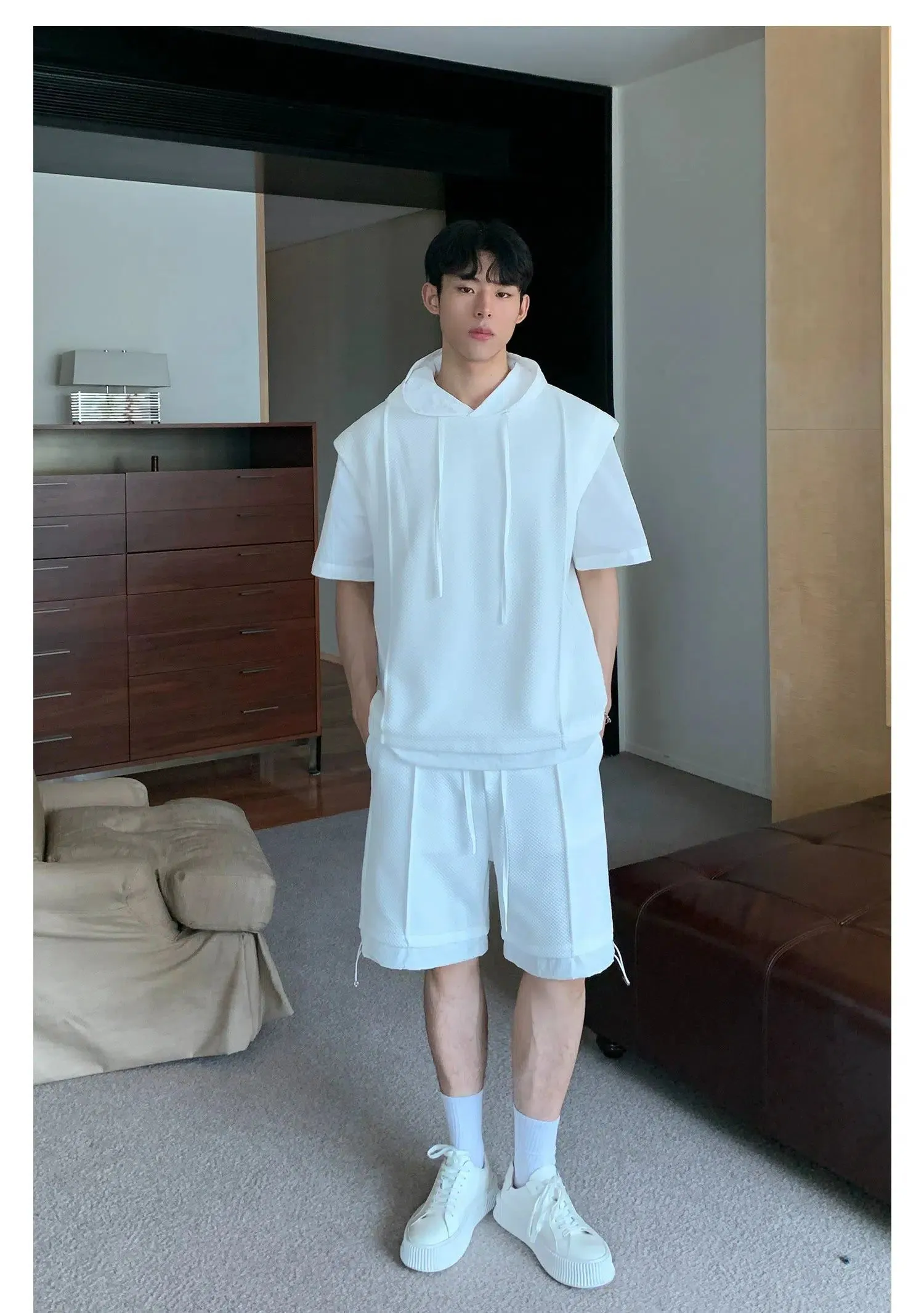 Cui Spliced Layered Short-Sleeve Hoodie & Shorts Set