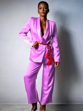 DALIDA Double-breasted Satin Blazer   Pants Matching Set in Pink