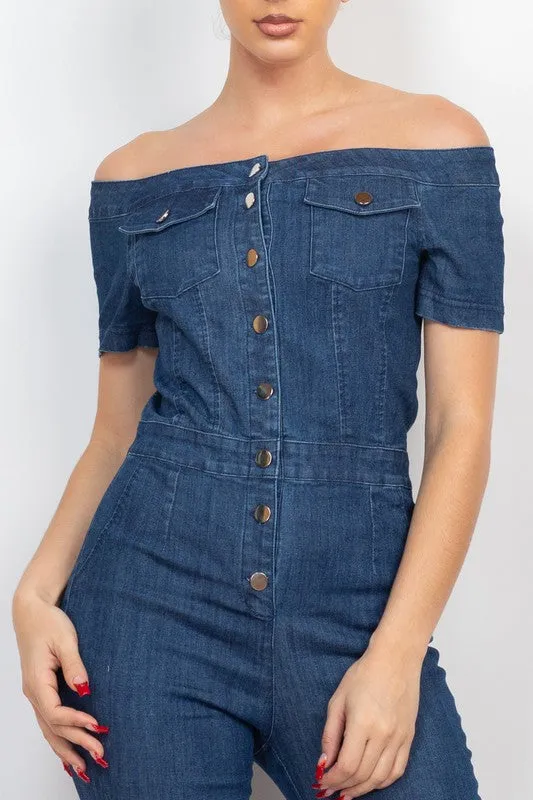 Dark Denim Button-Down Off-Shoulder Denim Jumpsuit