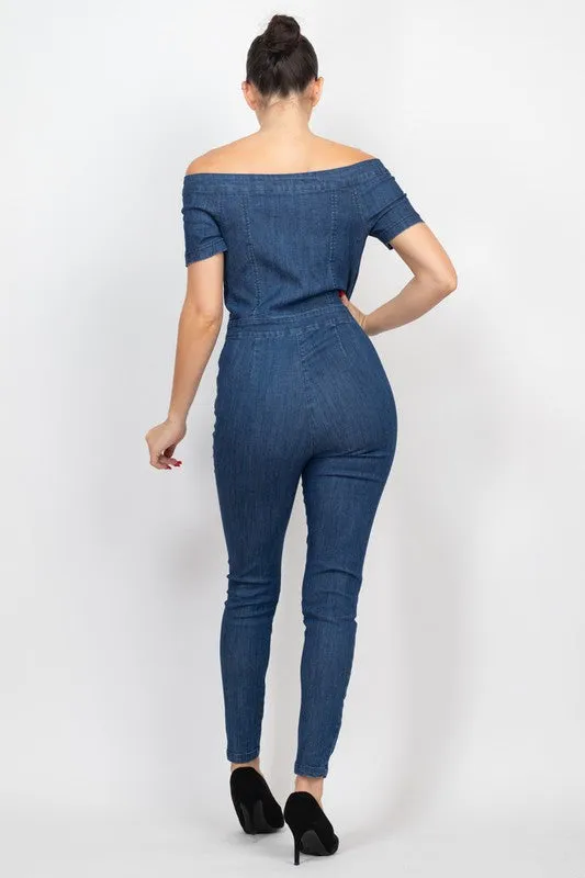 Dark Denim Button-Down Off-Shoulder Denim Jumpsuit