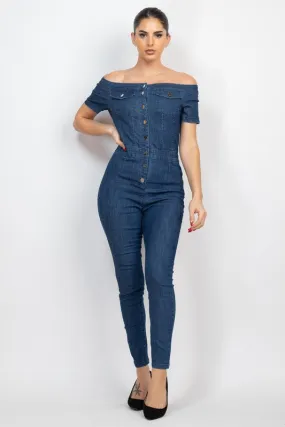 Dark Denim Button-Down Off-Shoulder Denim Jumpsuit