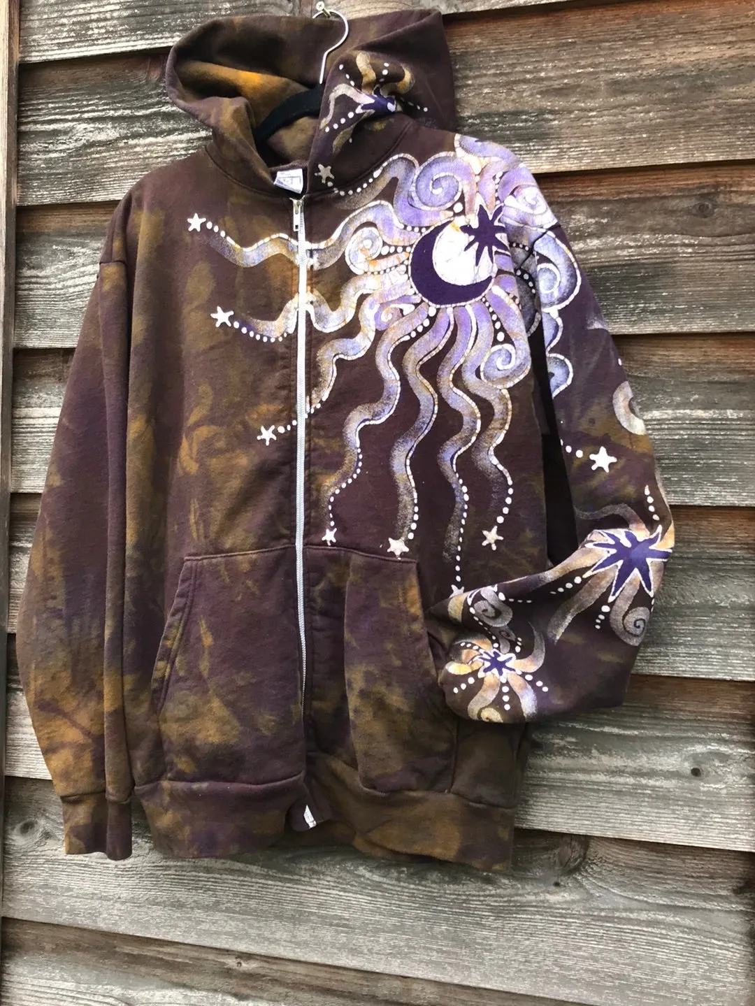 Dark Gold and Purple Moon and Star  Handcrafted Batik Zipper Hoodie - Size Medium