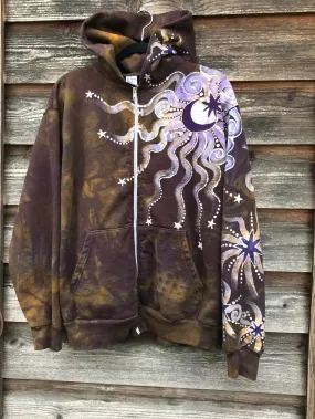 Dark Gold and Purple Moon and Star  Handcrafted Batik Zipper Hoodie - Size Medium