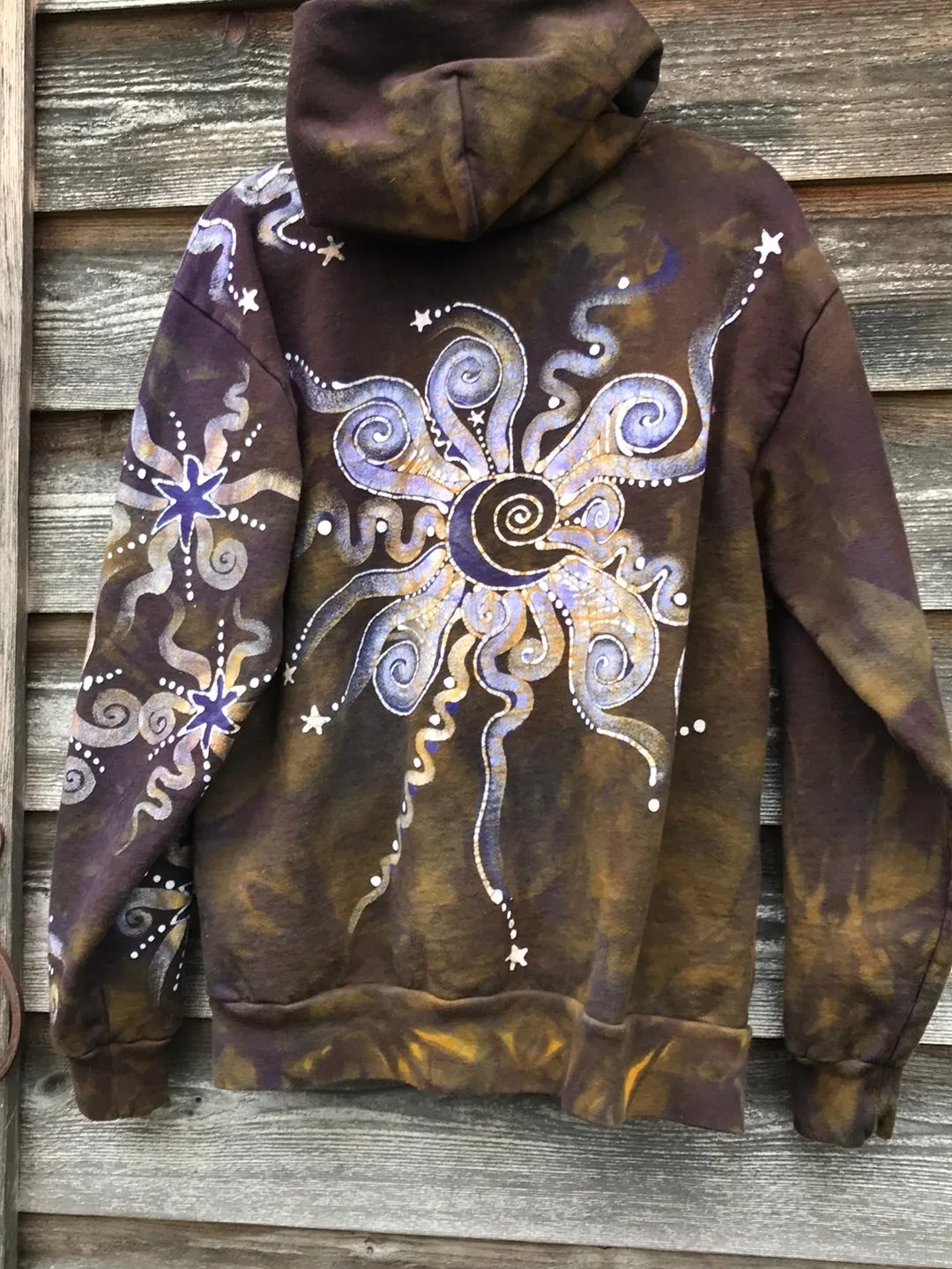 Dark Gold and Purple Moon and Star  Handcrafted Batik Zipper Hoodie - Size Medium