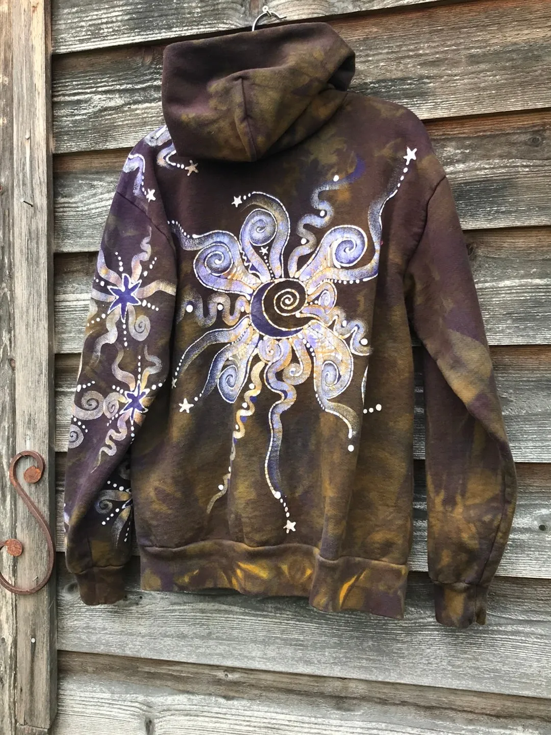 Dark Gold and Purple Moon and Star  Handcrafted Batik Zipper Hoodie - Size Medium